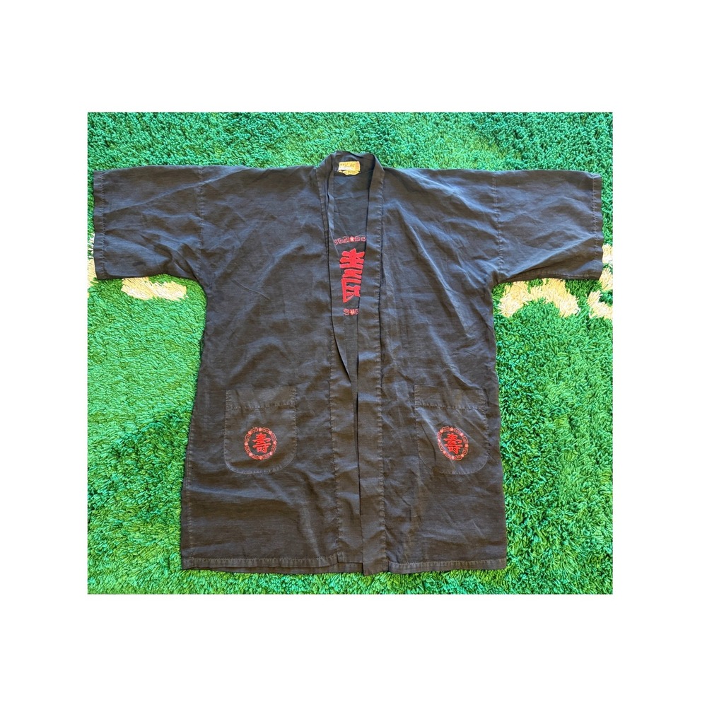 Health Kimono Robe Mens XL Black Excellent Vintage‎ Embroidered Longevity Symbol